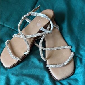 Silver Tan Strappy Sandals with Flat Sole